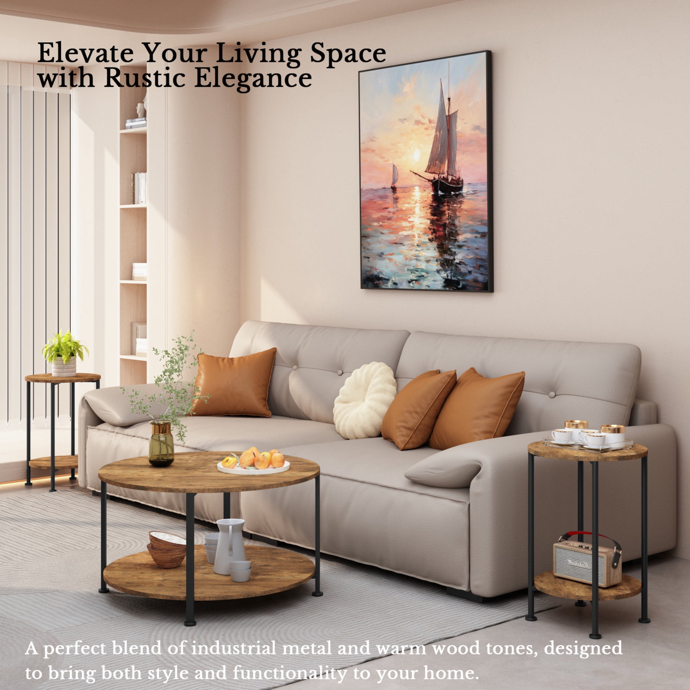 Noble House 3-Piece Coffee Table and End Table Set, Modern Industrial Farmhouse Living Room Set, Rustic Brown