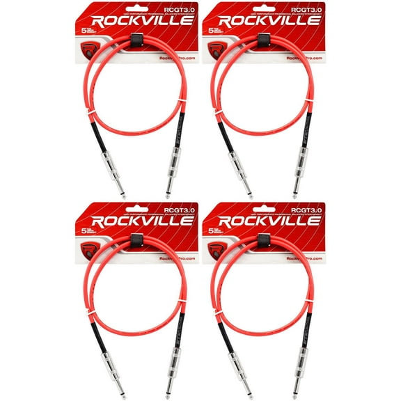 4 Rockville RCGT3.0R 3'  1/4" TS to 1/4'' TS Guitar/Instrument Cable