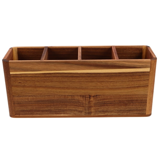 Portautensilios para encimera de cocina: Portautensilios grande para encimera con 4 compartimentos - Organizador de cubiertos de madera estilo rústico