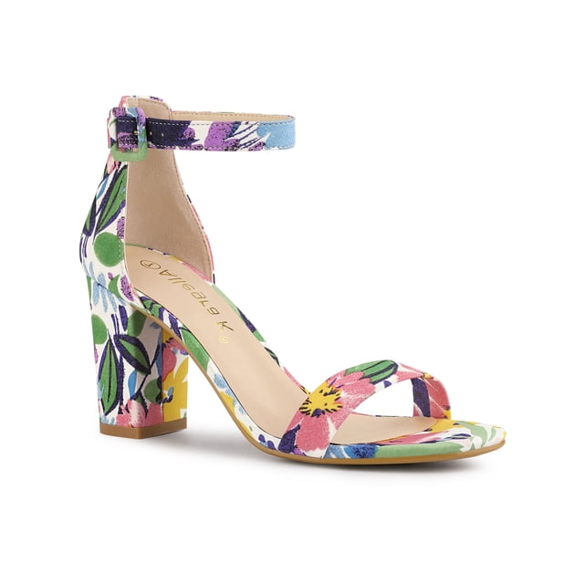 BLISSFUL STEP Women's Shoes Flower Print Open Toe Block High Heels Summer Sandals Blue White 9.5