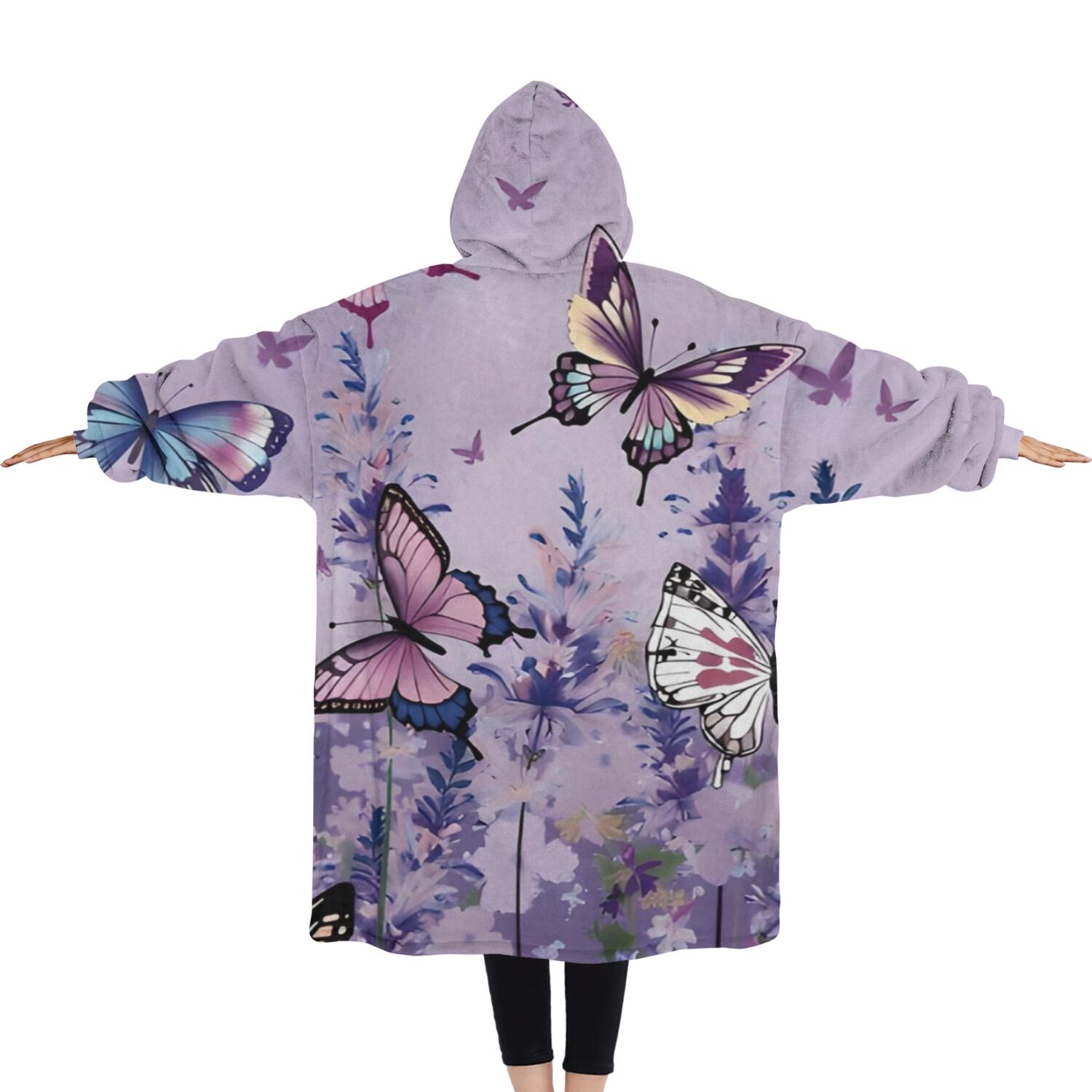Oversized Wearable Blanket Hoodie,Purple Butterfly Flower Pattern Sherpa Blanket Hoodie with Super Pockets,Super Warm Fuzzy Pullover for Women & Men