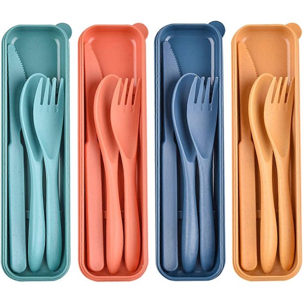 Cubiertos reutilizables de paja de trigo con estuche, juego de utensilios oscuros portátiles para adultos, juego de cubiertos de vajilla para acampar para 4 personas, utensilios biodegradables para