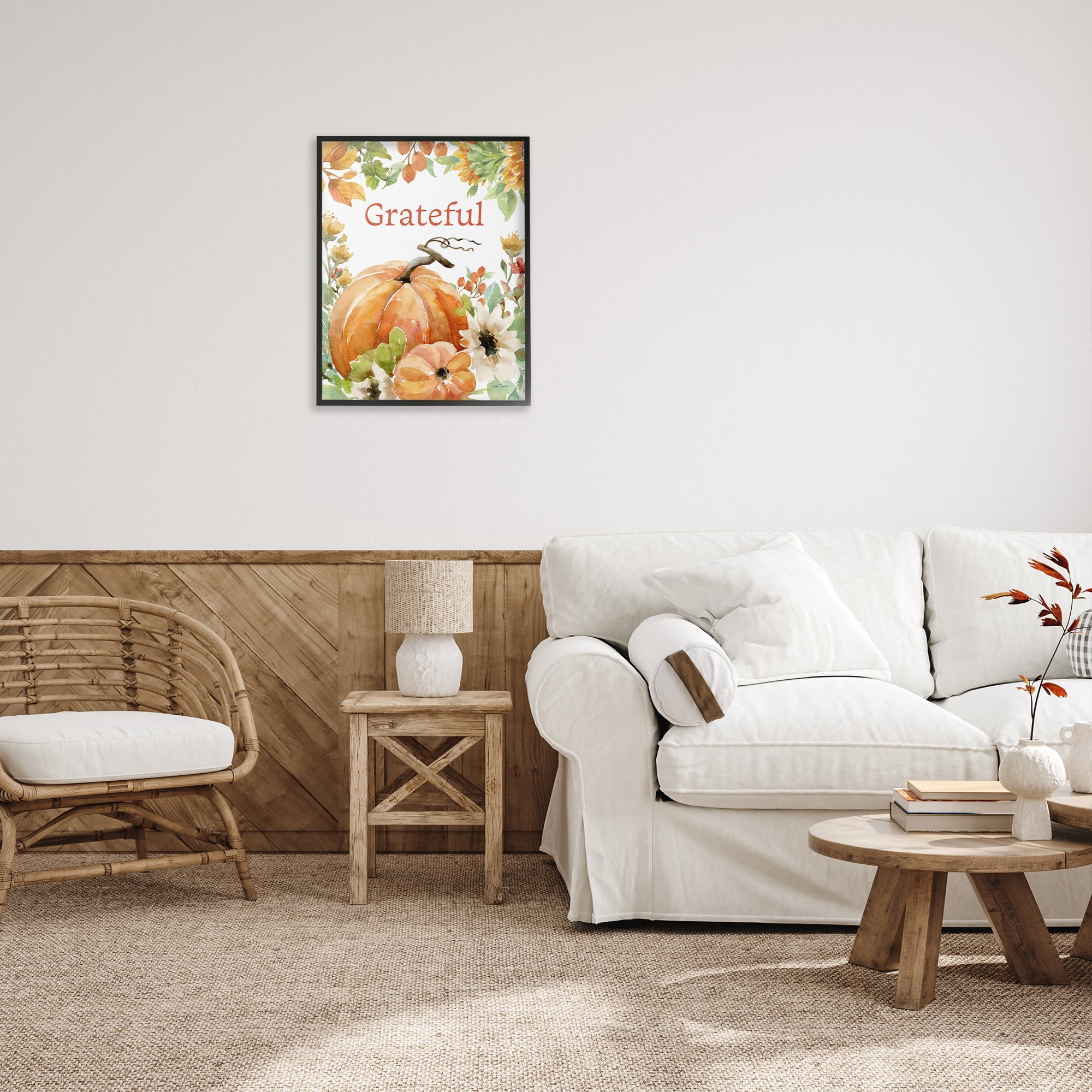 Stupell Industries Grateful Pumpkins & Flowers Holiday Painting Black Framed Art Print Wall Art, 24 x 30