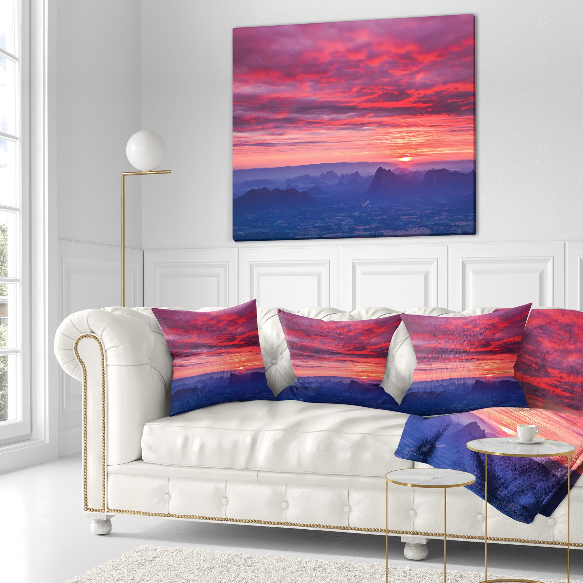 Designart Red and Blue Winter Mountains - Landscape Photography Throw Pillow - 18x18