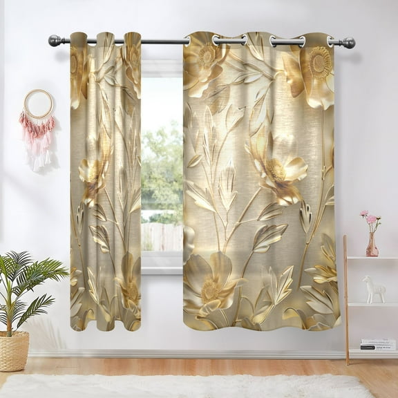 Gold Flowers and Leaves Blackout Curtains Thermal Insulation 63 inch Grommet for Bedroom Living Room Bathroom Kitchen Windows 2 Pack