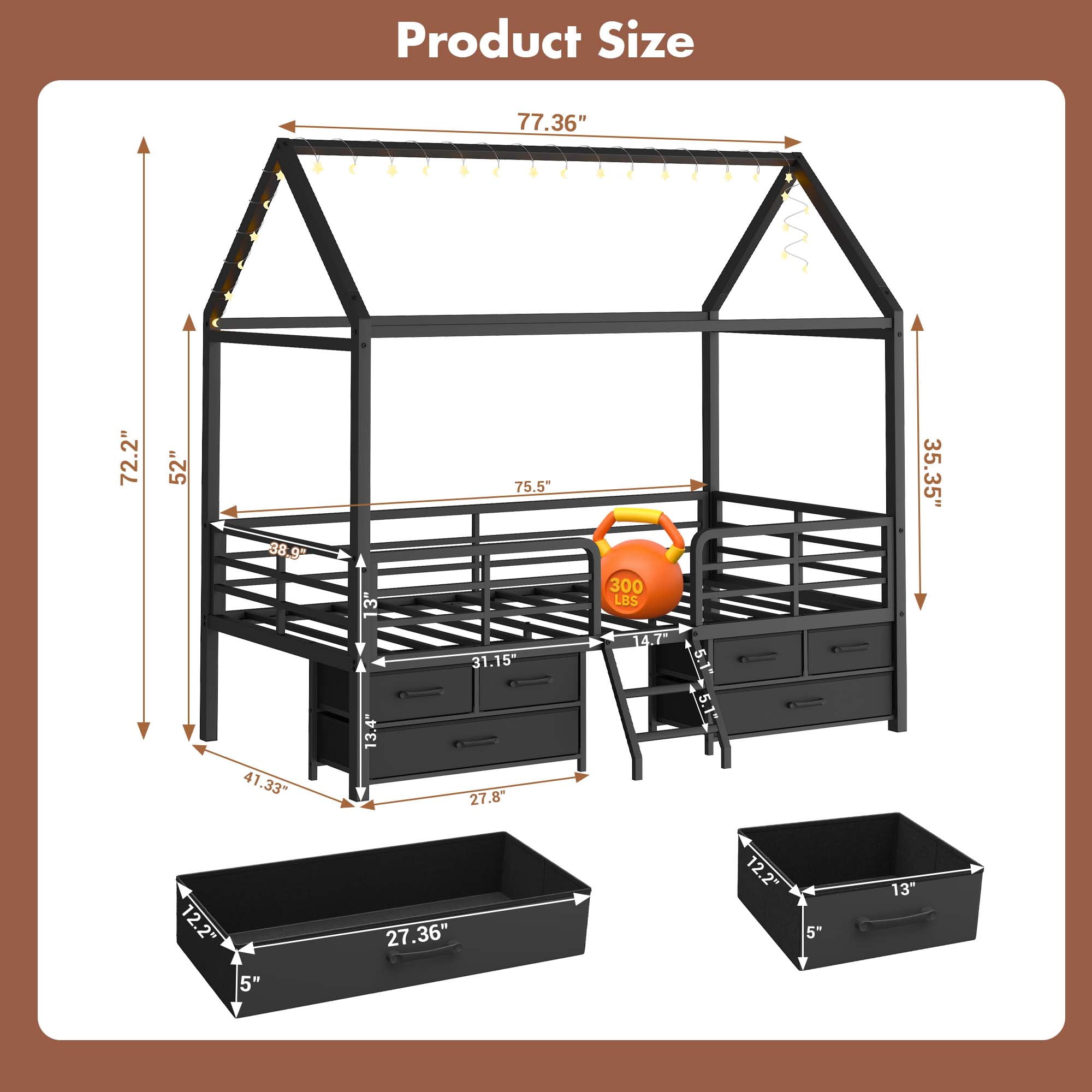 Miniyam Twin House Bed Frame with 6 Storage Drawers and Star Moon Lights, Metal Platform Bed, Black