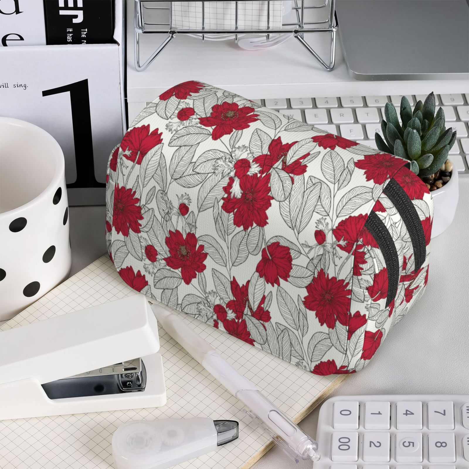 Rateoe Leaves And Anemone Flowers In Red Grey Pattern Double Clamshell Pen Case, Storage Organizer with Two Zipper Compartments– Holds Up to 50 Pencils & Pens