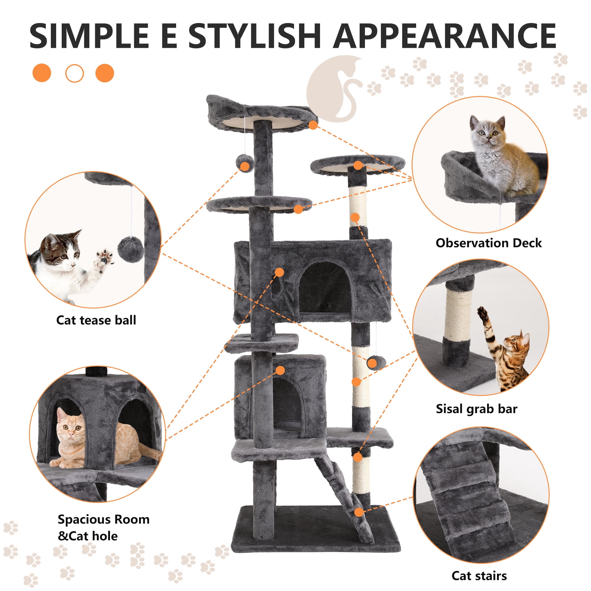 54 inch Cat Trees and Towers for Indoor Cats, Cat Condo Scratching Post for Adult Cats, Multi-Level Cat Towers for Small Cats, Light Gray