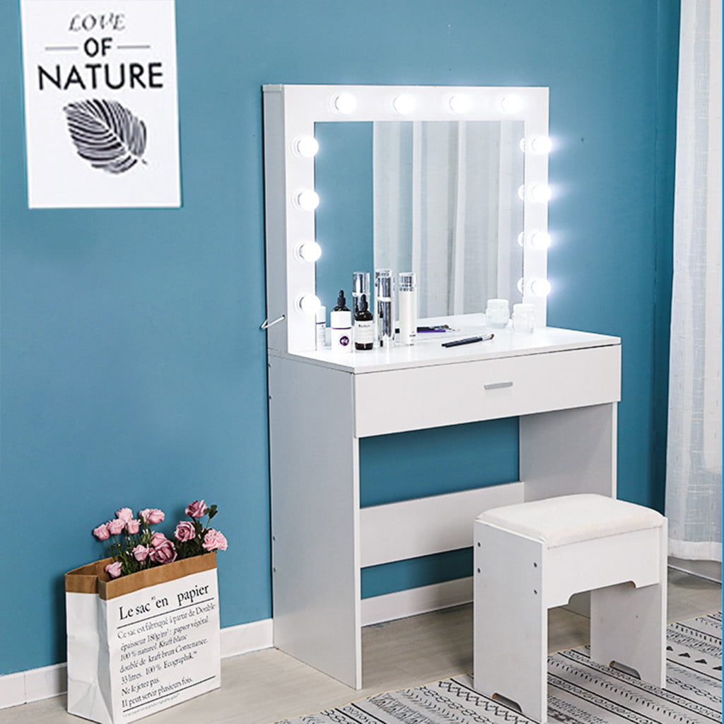 Details about   Vanity Set w/12 LED Lighted Mirror Cushioned Stool Dressing Table Makeup Table 