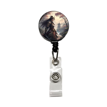 Classic Japanese Anime Style Fantasy Warrior Woman Retractable Reel ID Badge Key Card Name Tag Holder with Clip