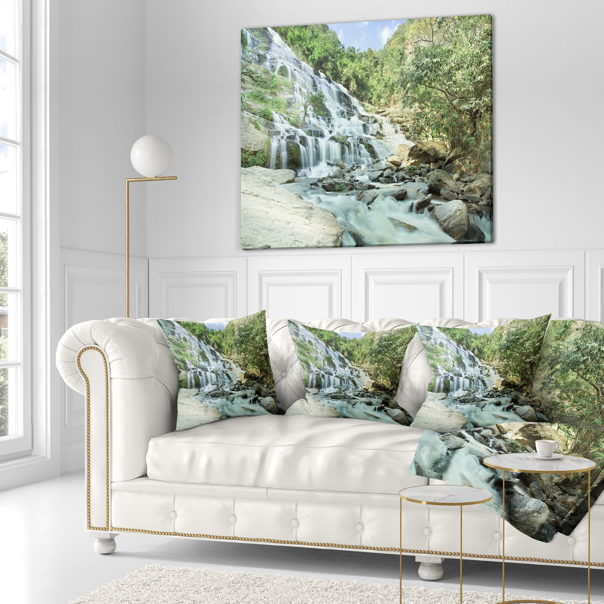 Designart Maeyar Waterfall in Rain - Landscape Photography Throw Pillow - 18x18