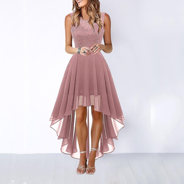 Vestido de encaje con cinturón y lazo, vestidos elegantes de longitud Irregular para mujer, vestido de fiesta de cóctel sin mangas para invitados de boda