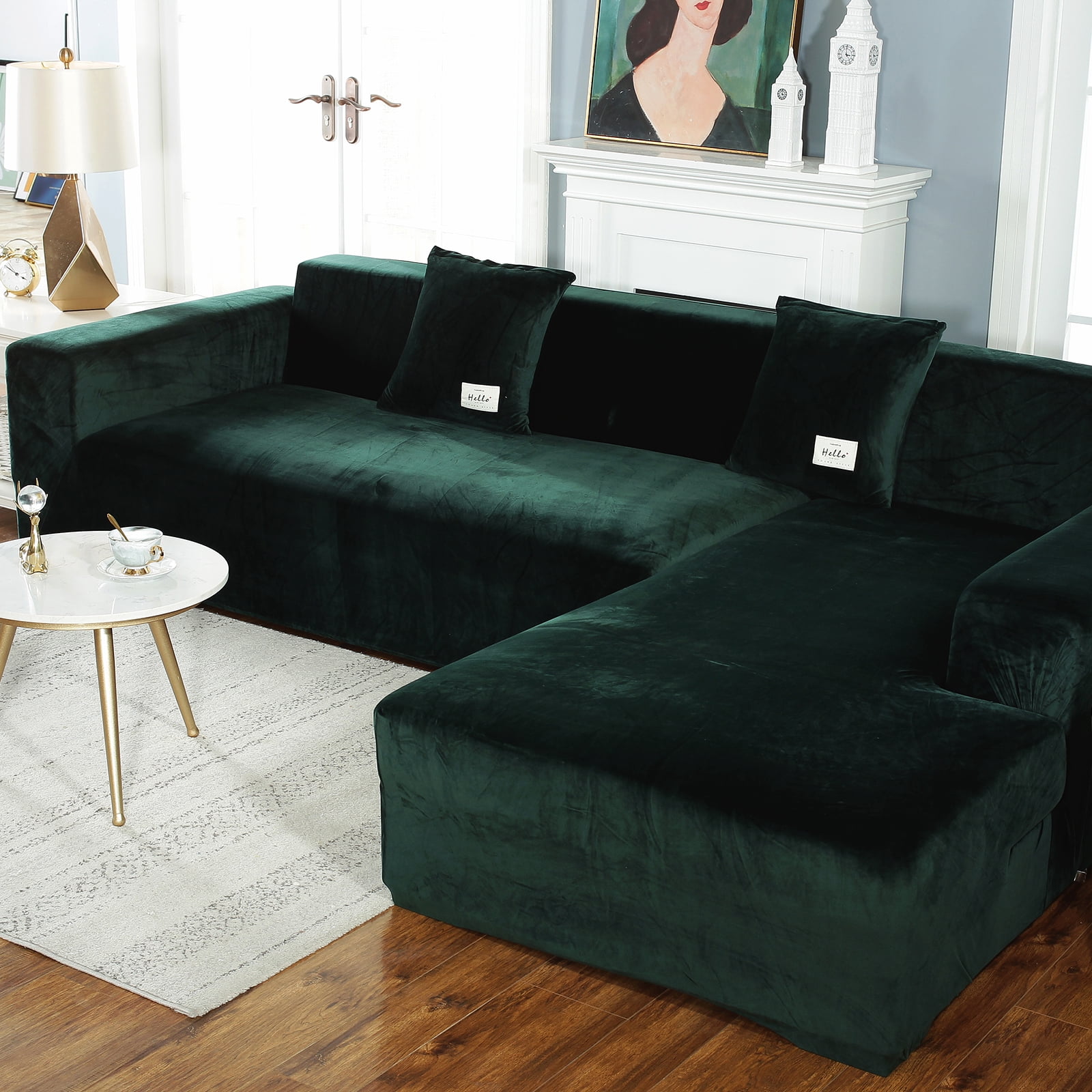 Eurhowing Velvet L-Shaped Sectional Sofa Cover with 4 Pillowcases, Stretch Soft Couch Slipcovers 3 Seater+4 Seater, Sofa Furniture Protector, Dark Green