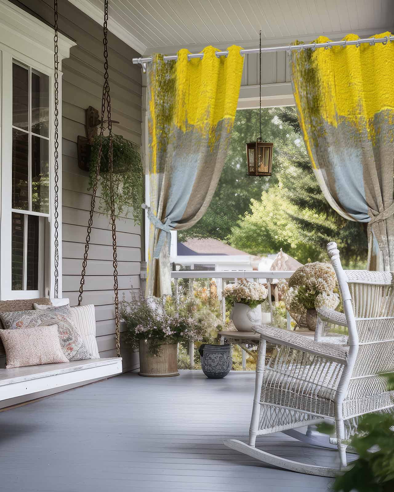 Yellow Brown Outdoor Curtains for Patio, Abstract Blue White Vintage Oil Painting Privacy Drapes Grommet Waterproof Outside Curtains for Porch/Cabana/Balcony 54"x 108", 1 Panel