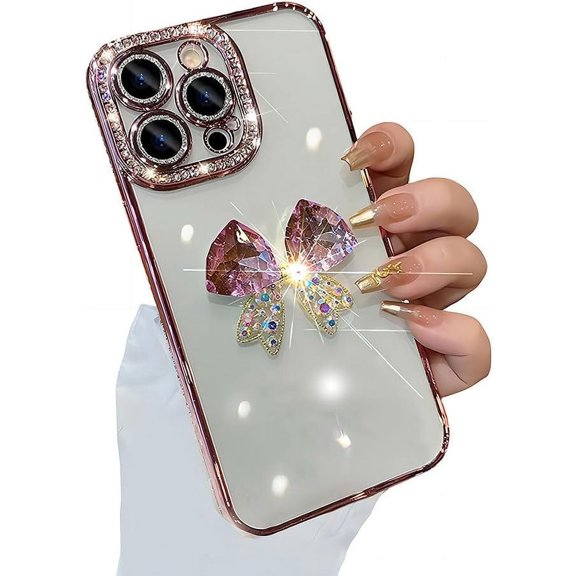 for iPhone Case,Luxury ElectroPlated Crystal Diamend Rhinestone Glitter Sparkle Sparkly 3D Butterfly Camera Lens Protection Soft Shockproof Phone Case (Rose Gold,iPhone 14 Plus)