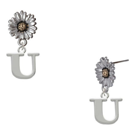 Delight Jewelry Silver-tone Large Initial – U – Two-tone Daisy Flower Post Earrings