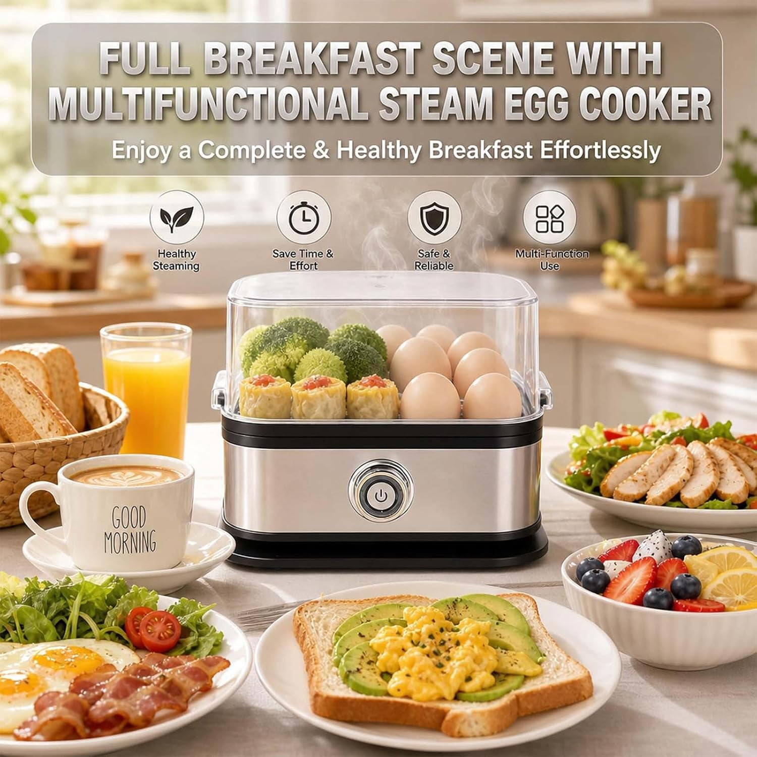 Multifunctional Egg Steamer with Clear Lid, 6 Capacity Electric Egg Cooker for Hard Boiled Eggs | Rapid 360° Steamer with Auto Shut-Off, Compact Metal Design for RV, Dorms & Fitness Meal Prep (1Pcs)