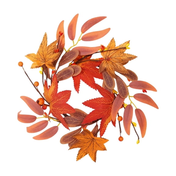 Fall Candle Rings 9 inch Maple Leaf Wreath with Berries, Artificial Mini Autumn Wreaths Table Centerpiece for Thanksgiving Party Farmhouse Front Door Wall Window Decor