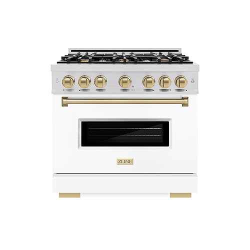 ZLINE Autograph Edition 36 in. 5.2 cu. ft. Classic Gas Range with 6 Burner Cooktop and Convection Gas Oven in Stainless Steel with White Matte Door and Champagne Bronze Accents (CGRZ-WM-36-CB)