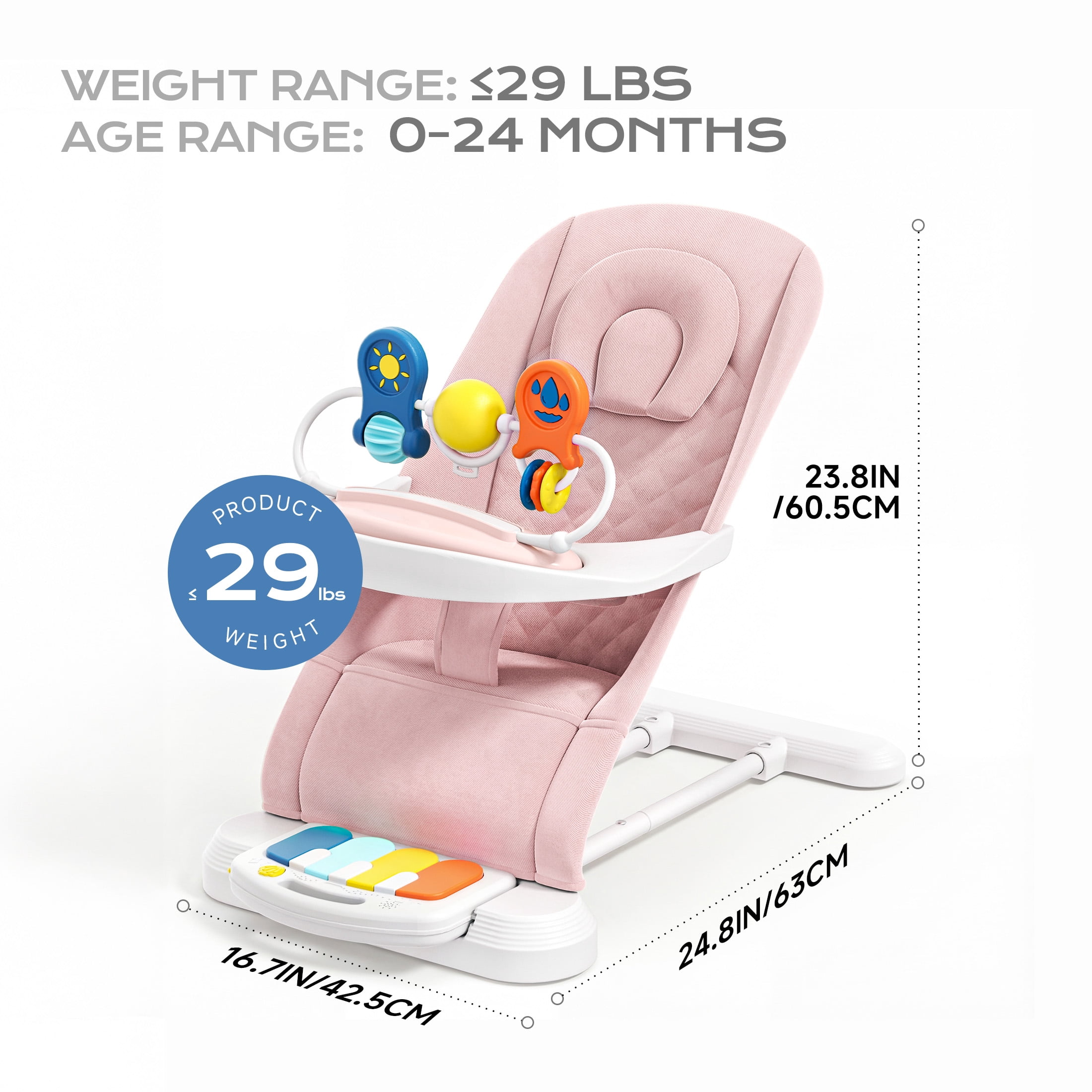 Babyomi 4 in 1 Baby Bouncer, 3-Level Recline Foldable Rocker for Infant to Toddler 0-6 with Detachable Pianos, Feeding Tray and Play Bar 12-24 Months, Girls and Boys Gift, Pink