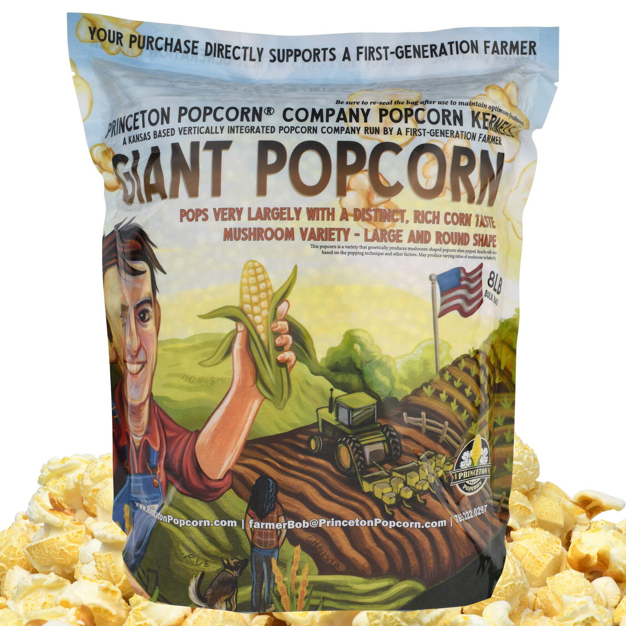 Giant Popcorn Kernels by Princeton Popcorn Farm Grown, Non GMO, Gluten Free UnPopped, Ball Shaped, Old Fashion Popcorn Pops Extra Large, Popping Corn for Air Popper & Stovetop 8lbs