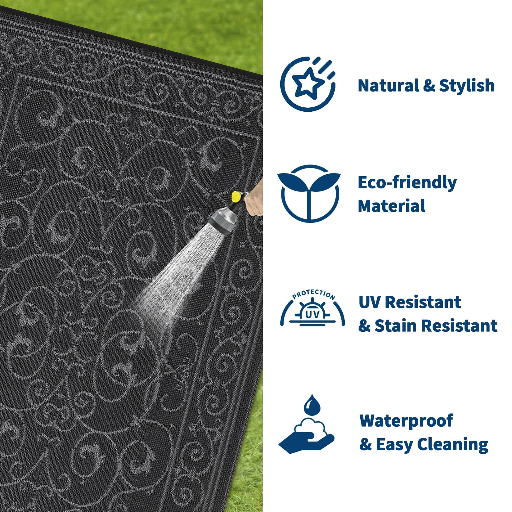HIWEAVER 8' x 10' Black/Gray Outdoor Rug PP Plastic Straw Woven Waterproof Patio Rug with Border Portable Outside Carpet for Balcony Deck Picnic Garden Decor