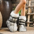 thumbnail image 2 of Rokment Womens Fuzzy Faux-Fur Mid Calf Winter Snow Boots with No Heel Fashion Punk Buckles Strappy Furry Plush Short Dress Booties Light Gray Size 6.5, 2 of 7
