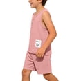 thumbnail image 2 of SGFCWSX Boys Summer Outfits 2 Piece Waffle Knit Sleeveless Henley Tops Elastic Waist Shorts Casual Clothing Set Pink Size 2T, 2 of 8