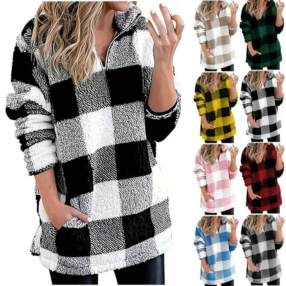 Zedker Fuzzy Fleece Sweatshirts for Women Quarter Zip Long Sleeve Fluffy Tops Casual Warm Plaid Pullover with Pocket