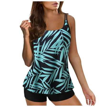 Tankini Swimsuits For Women 2024 Summer Two Piece Bathing Suits Print Sling Swim Tank Top With Shorts Beach Swimwear Cruise Outfits Underwire Tankini Push Up Bikini Sets For Women Bandeau One Piece Sw
