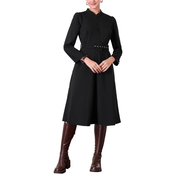 INSPIRE CHIC Vestido A-Line Vintage para Mujer con Cuello, Manga Larga, Cinturón, Vestido de Trabajo con Falda Acampanada, Negro