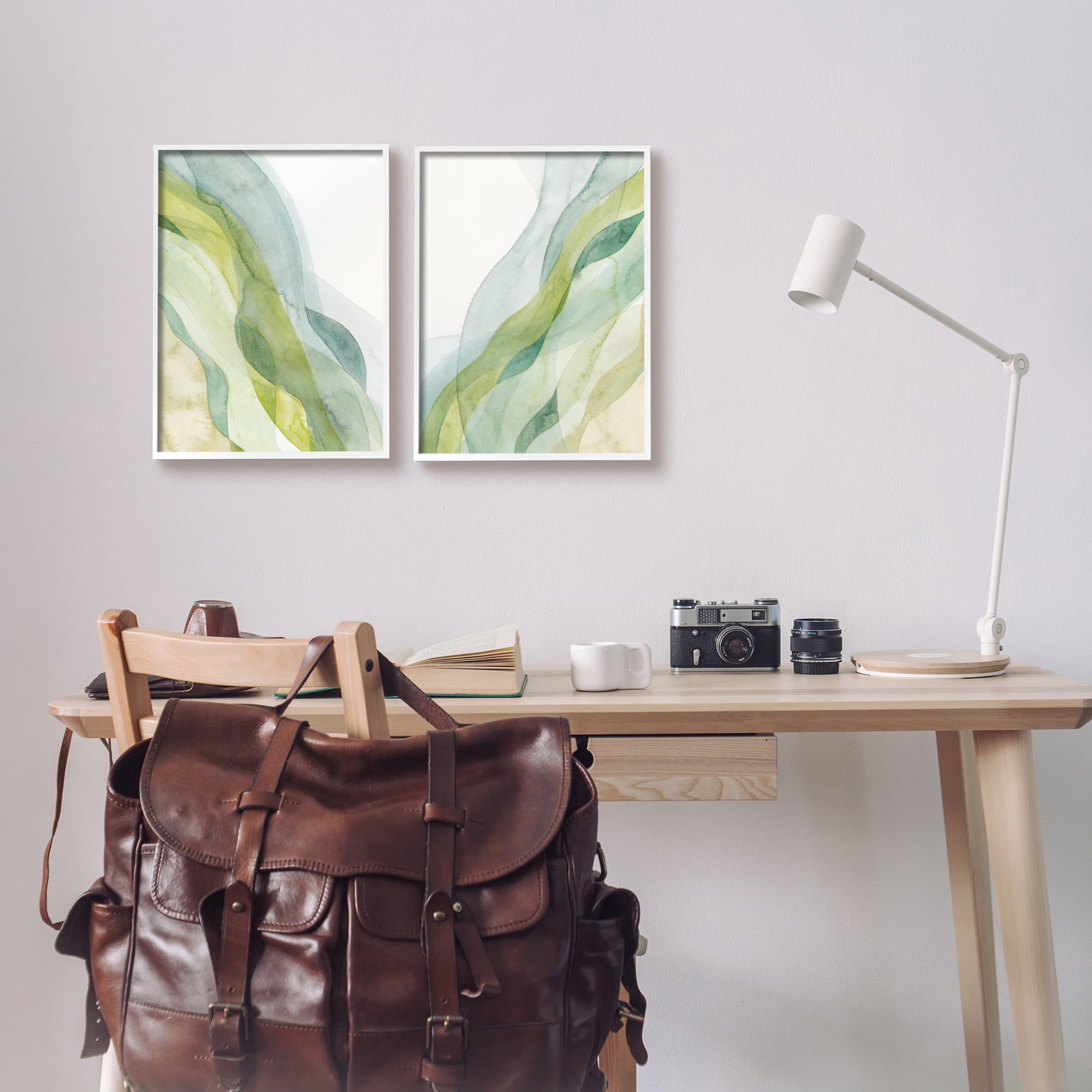 Stupell Industries Abstract Green Waves Abstract Painting White Framed Art Print Wall Art, 11 x 14, Set of 2