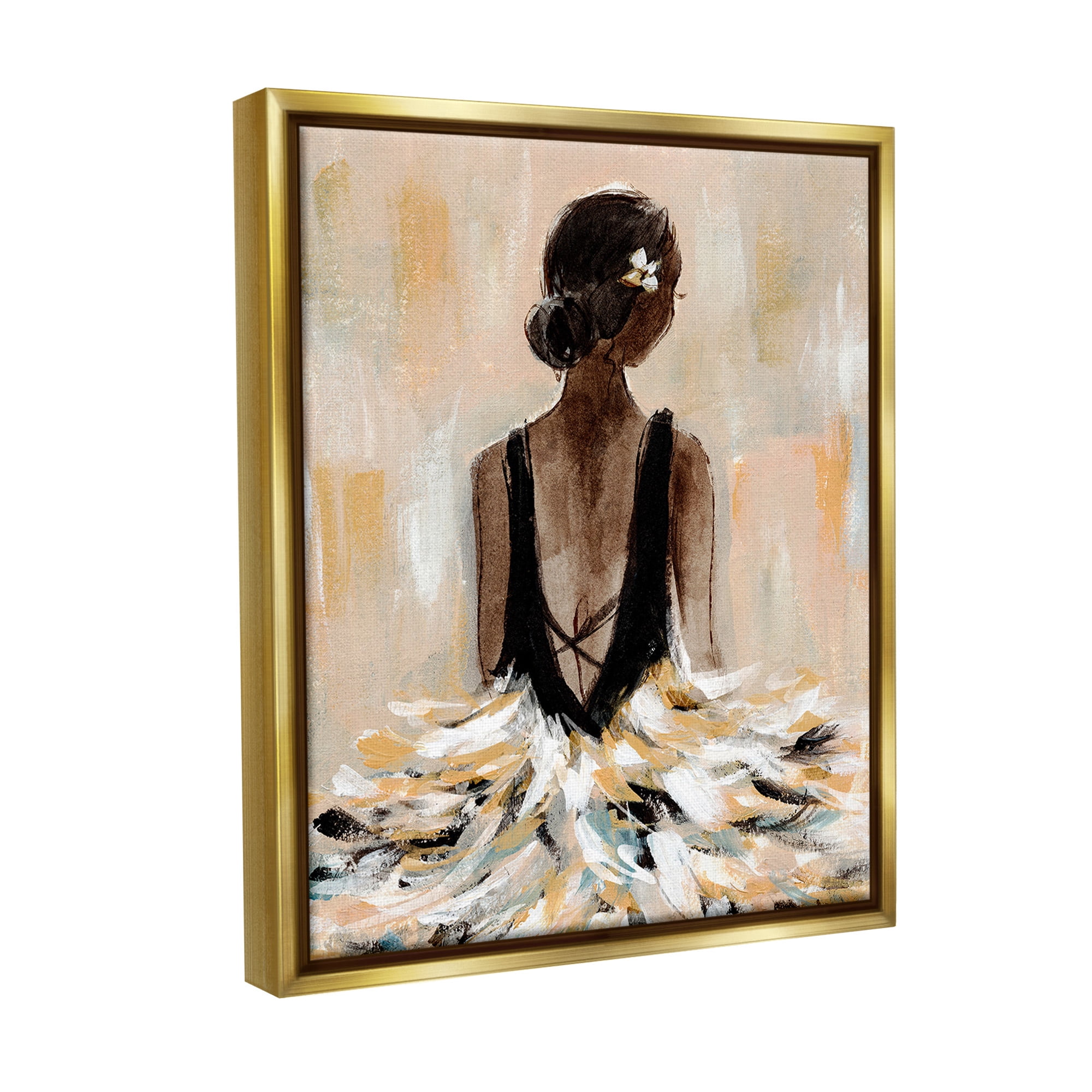Stupell Industries Ballerina in Abstract Gown Beauty & Fashion Painting Gold Floater Framed Canvas Art Print Wall Art, 17 x 21