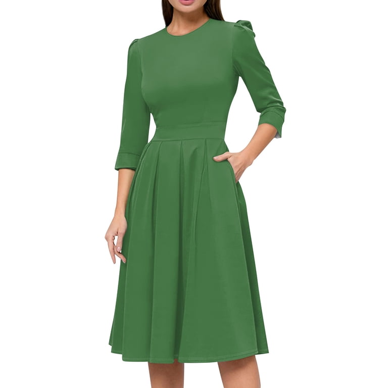 LISTHA Women's Fall 3/4 Sleeve Midi Dresses Casual Formal Church Wedding  Guest Work Clothes Dark Green L - Walmart.com