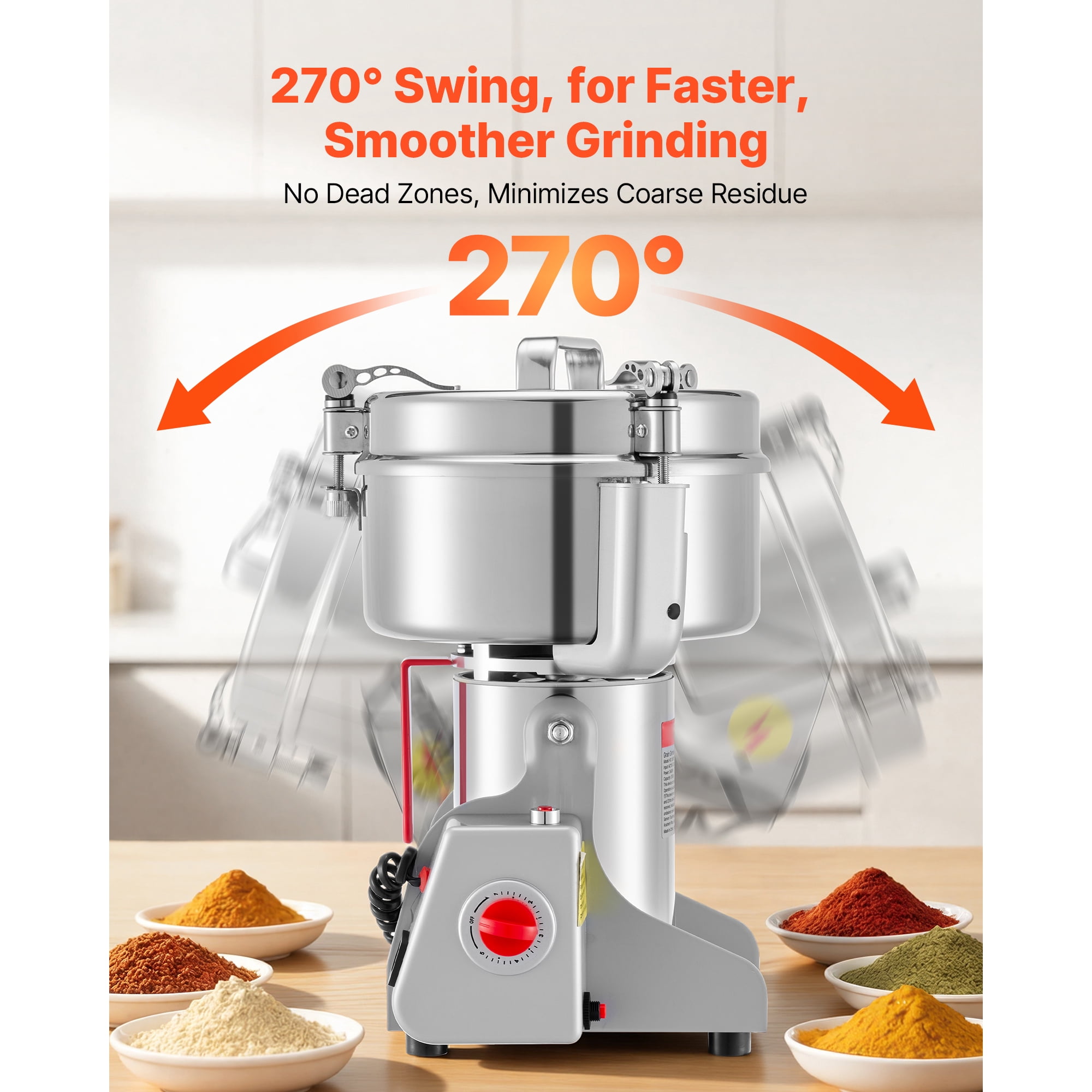KFFKFF 2500g Electric Grain Mill Grinder, 3400W 32000RPM High-Speed Machine for Grinding Dried Grains, Coffee Beans, Spices, and Nuts, Stainless Steel Pulverizer with 270° Swing Design