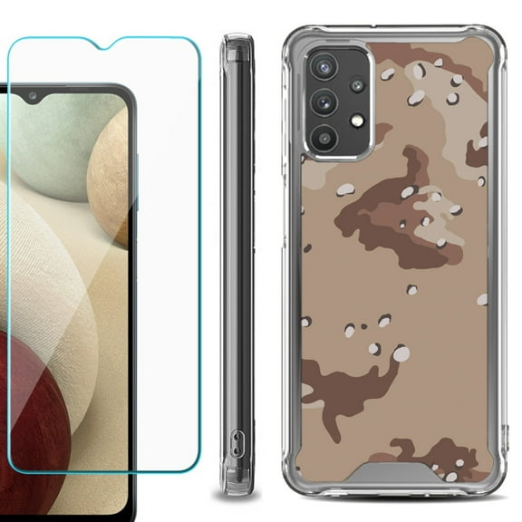 Shockproof Bumper Phone Case for Samsung Galaxy A32 5G, with Tempered Glass Screen Protector, by OneToughShield ® - Desert Camo