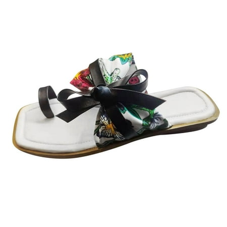 

uikmnh Women Slippers Summer Women Slippers Flat Bottom Ribbon Flower Thong Lightweight Casual White 6.5