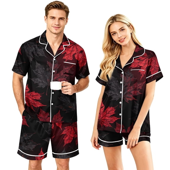 JULMCOMO Couples Matching Pajamas Full Maple Leaf Print Soft Lounge Two Piece Sets Autumn Print Elastic Waist Comfy Fall Festival Shorts Red-Men 2XL