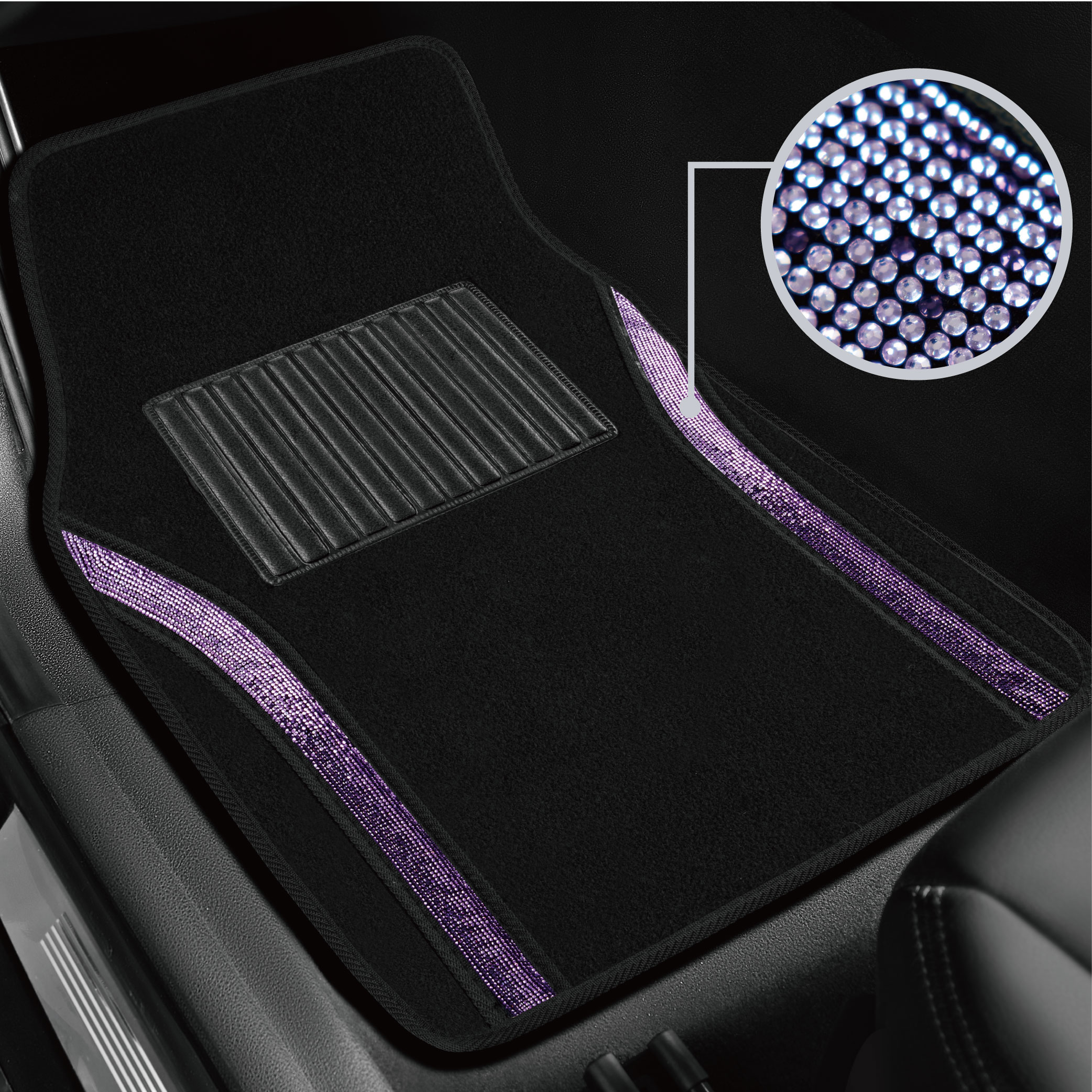 Auto Drive Bling Diamond Car Floor Mats, 4-Piece Glitter Carpet Set, Universal Fit for Cars，SUVs Dark Purple