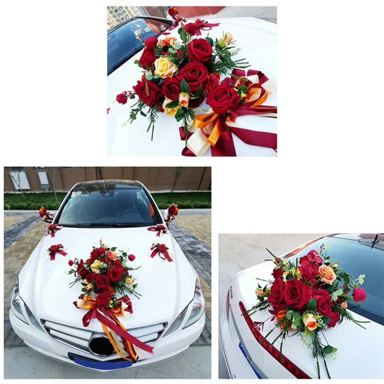 Red and White Flower Car Decoration Set ( Total 7 Items