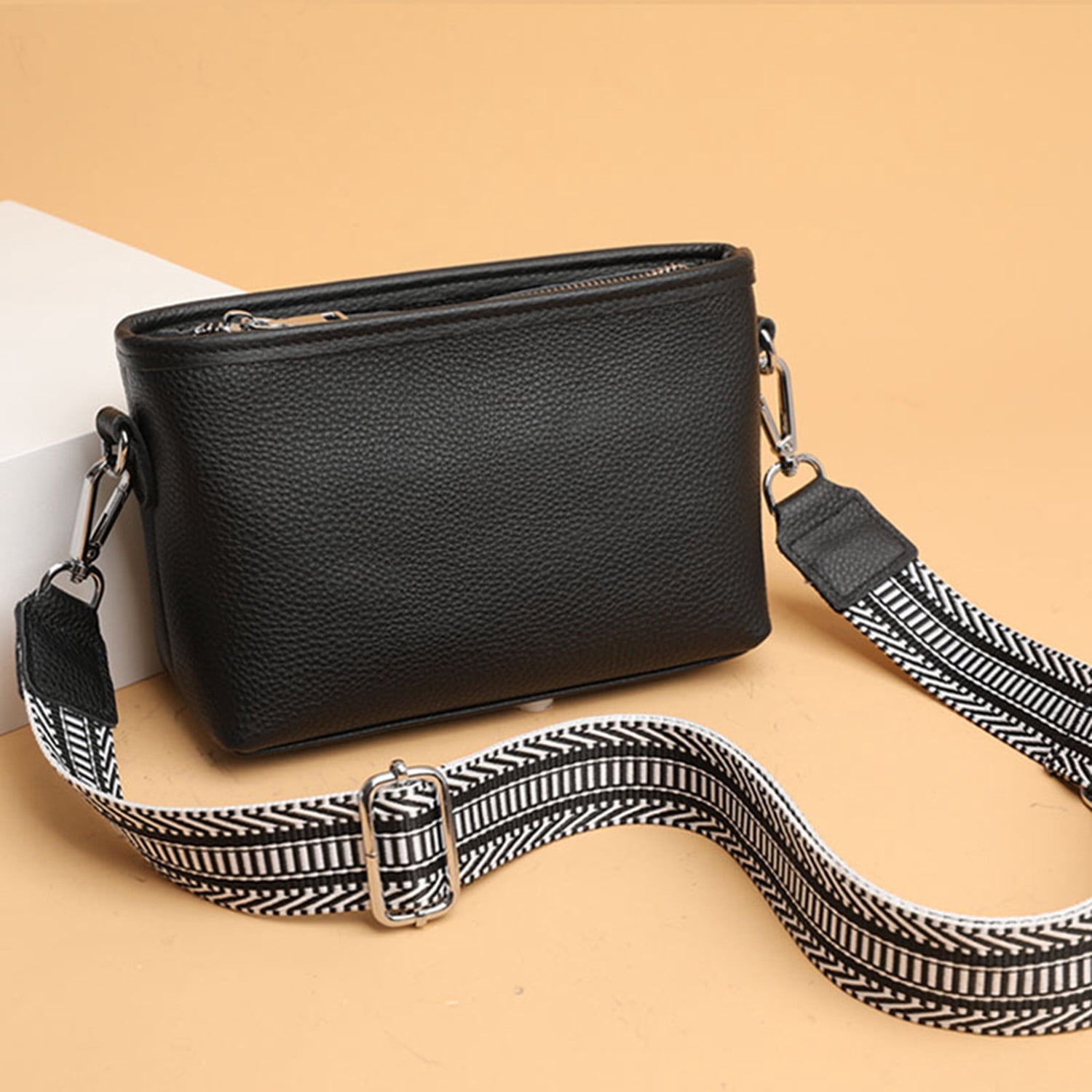 KAWELL Womens Leather Crossbody Bag with Wide Strap Top Zip Camera Purse Trendy Design