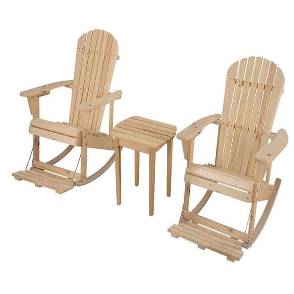 Zero Gravity Collection Natural Adirondack Rocking Chair with Built-in Footrest Set of 2 Rocking Chairs and 1 End Table