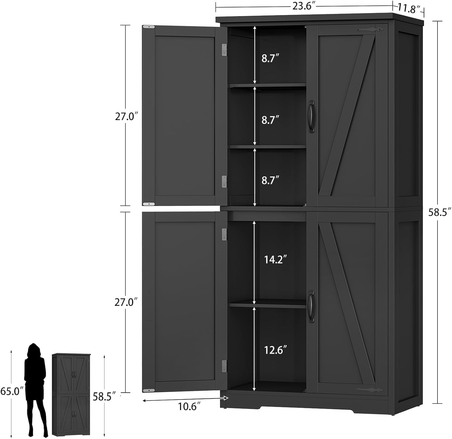 58" H Storage Cabinet with Adjustable Shelf, Farmhouse Kitchen Pantry Cabinet, Bathroom Cabinet with 4 Doors, Cupboard for Kitchen, Bathroom, Living Room