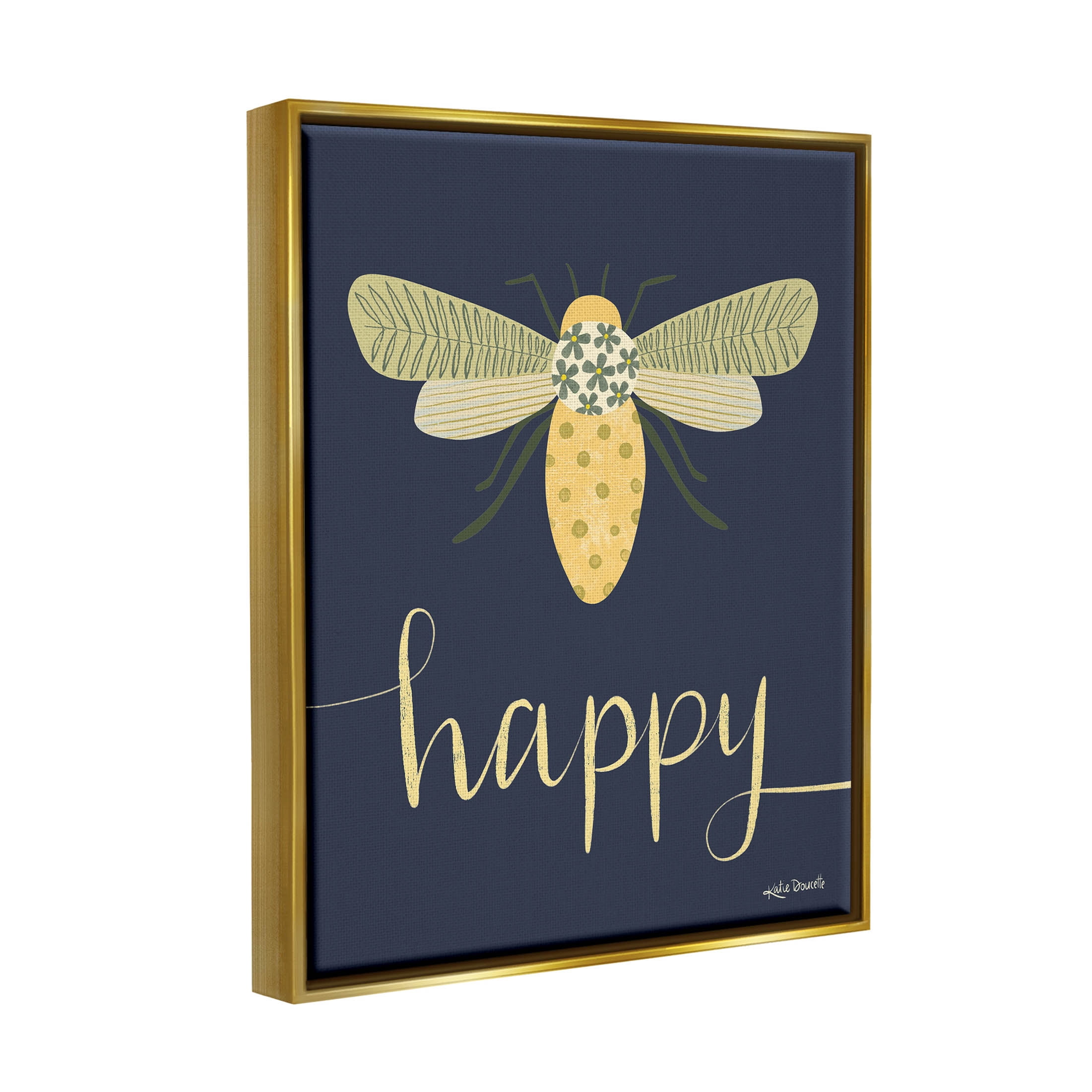 Stupell Industries Happy Patterned Insect Bug Calligraphy Graphic Art Metallic Gold Floating Framed Canvas Print Wall Art, Design by Katie Doucette