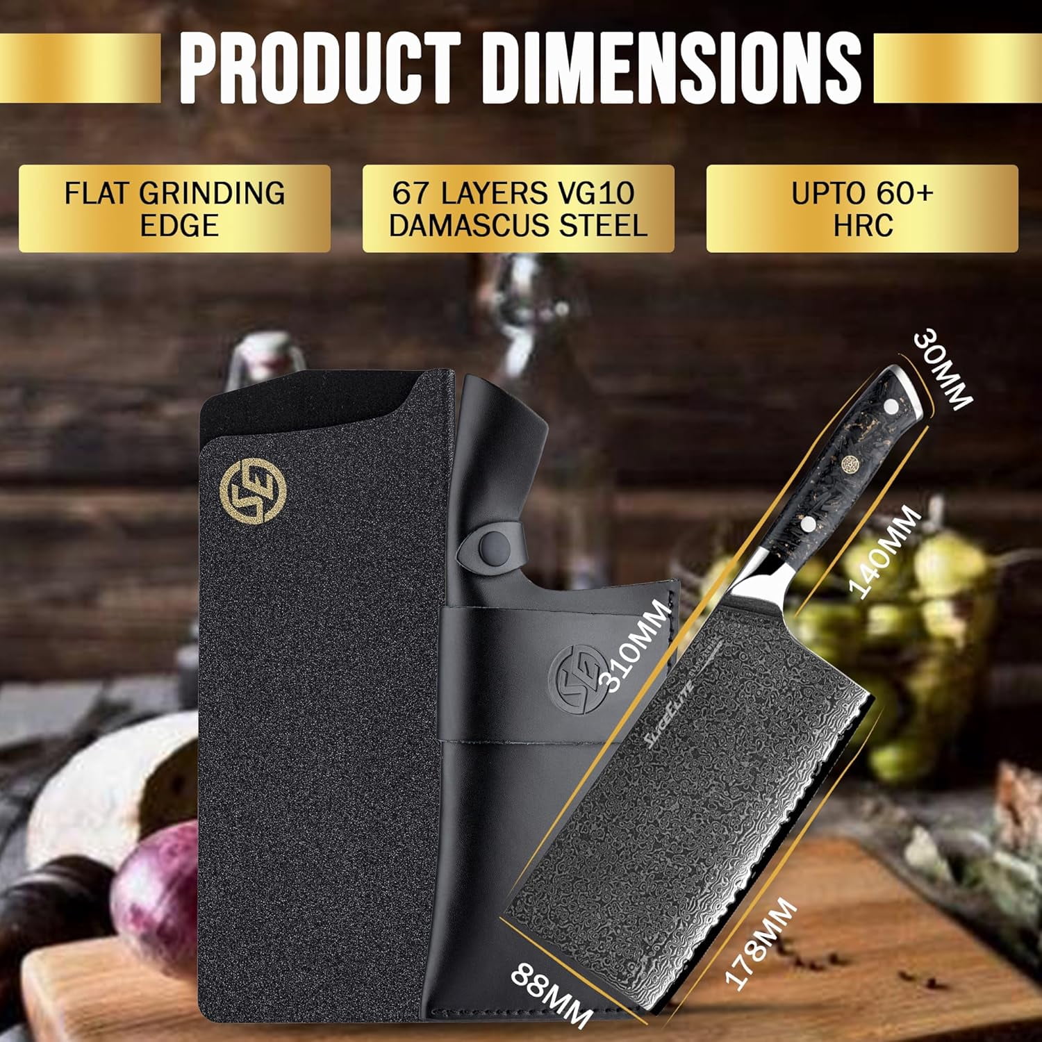 Elite Series 7-Inch Meat Cleaver Knife –Damascus Steel VG10 Core Carbon Fiber Handle with Dual Sheath Polymer & Leather | Butcher Knife for Meat Cutting & Chopper (Cleaver Knife with Leather Sheath)