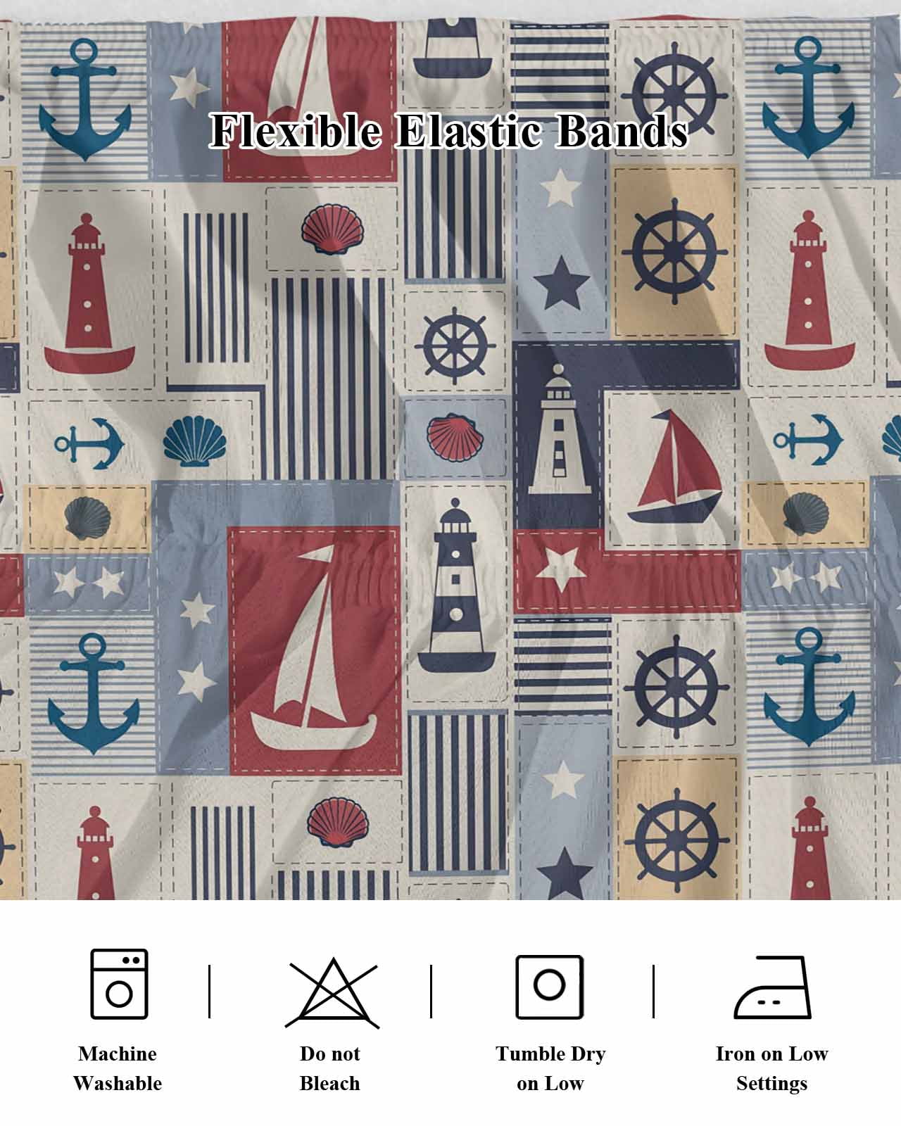 Nautical Ship Checked Wrap Around Bed Skirts for Queen Bed 16" Drop,Bed Skirt with Adjustable Elastic Belt Dust Ruffle Bed Valance for Bedroom Hotel Blue Coastal Sailboat Anchor Bed Frame Cover