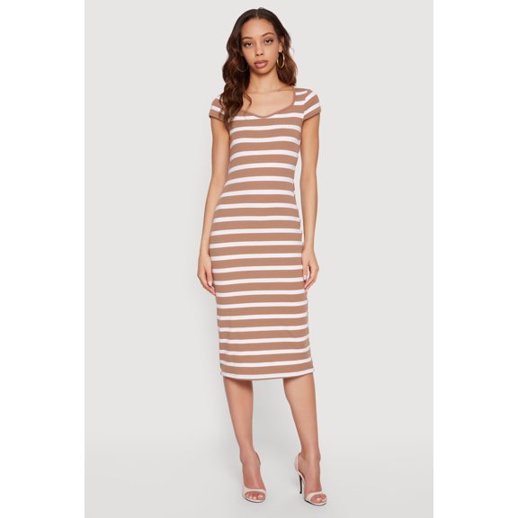 Women's Striped Rip Knit Cap Sleeve V-Neck Midi Dress