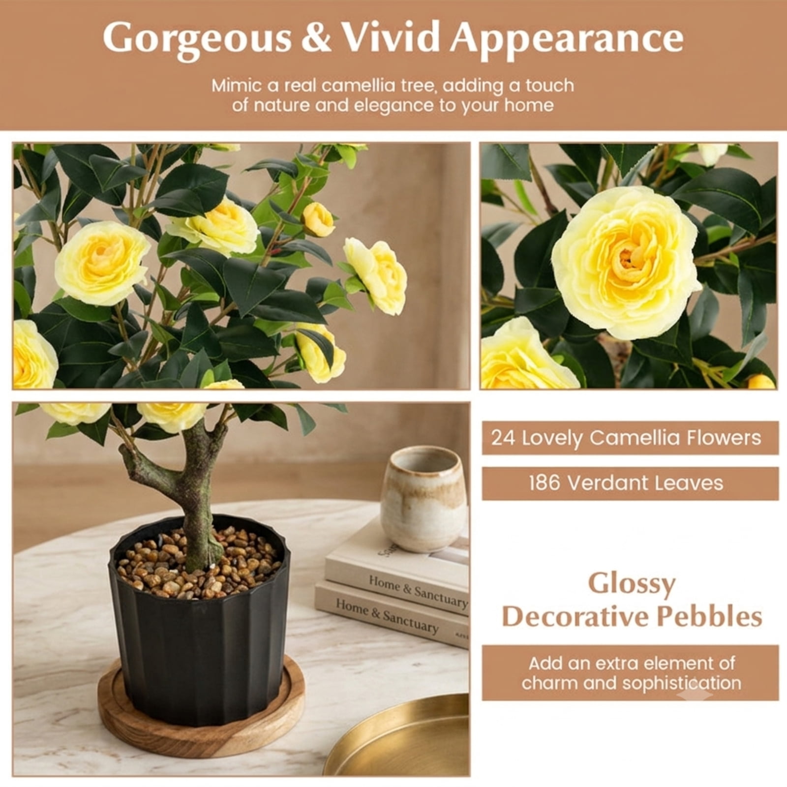 Vebreda Artificial Plant Decor, 38 Inch Artificial Camellia Tree Faux Flower Plant in Cement Pot, Gorgeous and Vivid Appearance