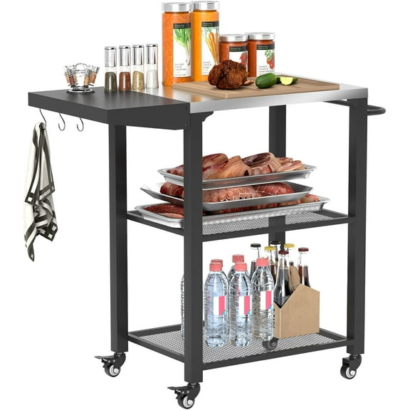 ZOPan Three-Shelf Outdoor Grill Cart Table with Foldable Side Table, Stainless Steel Tabletop, 22" x 16.1" Pizza Oven Stand with Hooks, Side Handle, Movable Food Prep Table on Wheels, Silver