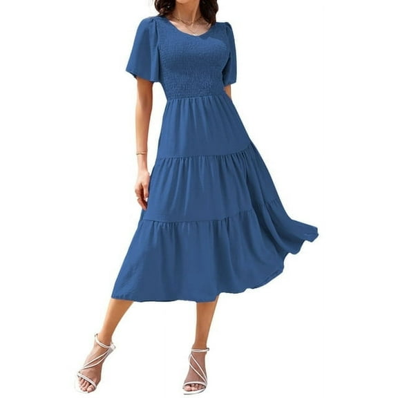 ROSE ROUND Summer Dresses For Women Casual V Neck Sundress Smocked Tiered Midi Dress Flutter Flowy Solid Short Sleeve Dress （Blue，L)